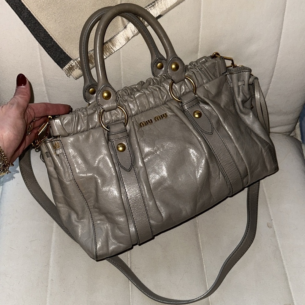 MIU MIU Grey Lux Leather Soft Shopping Top Handle Bag with Crossbody Strap